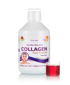 Colagen lichid hidrolizat 10000mg + acid hialuronic 50mg + biotina 5000mcg + cupru + siliciu + vitamina c, b5, b6, b12 – sticlă cu 500 ml