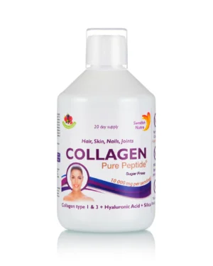 Colagen lichid hidrolizat 10000mg + acid hialuronic 50mg + biotina 5000mcg + cupru + siliciu + vitamina c, b5, b6, b12 – sticlă cu 500 ml