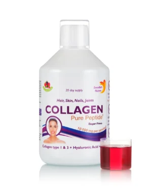 Colagen lichid hidrolizat 10000mg + acid hialuronic 50mg + biotina 5000mcg + cupru + siliciu + vitamina c, b5, b6, b12 – sticlă cu 500 ml