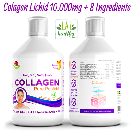 Complex de colagen lichid hidrolizat cu 10. 000mg la doza zilnica de 25 ml Colagen tip 1 si 3 cu biotina