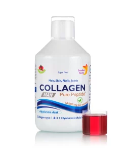 Colagen lichid man pentru bărbați – hidrolizat tip 1 si 3 cu 10000mg + acid hialuronic + siliciu + biotină + cupru + vitamina c, e, b6, b12 – sticlă cu 500 ml