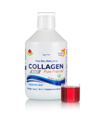 Colagen lichid man pentru bărbați – hidrolizat tip 1 si 3 cu 10000mg + acid hialuronic + siliciu + biotină + cupru + vitamina c, e, b6, b12 – sticlă cu 500 ml