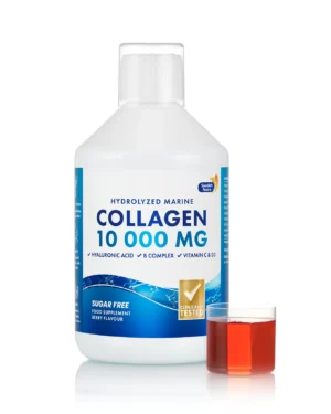 Colagen marin hidrolizat 10000mg + acid hialuronic 50mg + biotină 5000mcg + seleniu + siliciu + vitamina c, b5, b6, b12, d3 – sticlă cu 500 ml