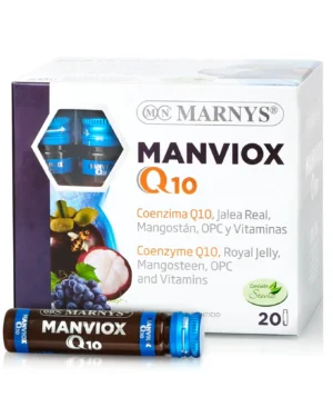 Manviox q10 – coenzima q10 + mangostan + lăptișor de matcă + semințe de struguri + 10 vitamine – antioxidant, anti-aging, susține sănătatea inimii și reglează colesterolul – 20 fiole