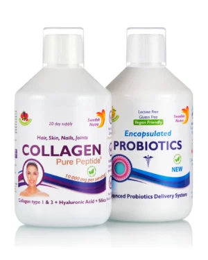 Pachet Beauty + Reducere Balonare și Reglare Tranzit: Colagen Lichid Hidrolizat Tip 1 și 3 cu 10.000 Mg + Probiotic Lichid