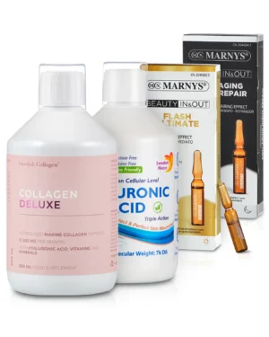 Superpachet cu 4 produse pentru hidratare și antiîmbătrânire: Colagen Deluxe 500ml + Acid Hialuronic + Flash Ultimate + Anti-aging Night Repair