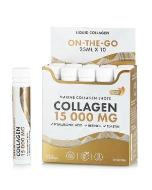 Colagen 15. 000 mg – 10 shots – colagen marin hidrolizat lichid tip 1 si 3 + retinol 800 mcg + acid hialuronic 50 mg + elastina 10 mg + vitamine + minerale + organic superfood fructe si legume