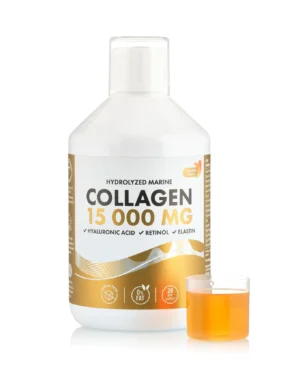Colagen hidrolizat lichid 15 000 mg tip 1 si 3 super concentrat + acid hialuronic 50 mg + retinol 800 mcg + elastina 10 mg + biotina 450 mcg + vitaminele c, d, b5, k2 + zinc 10 mg – sticla cu 500 ml