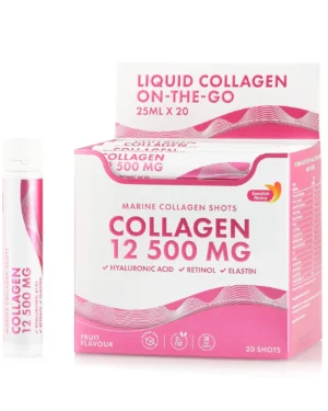 Colagen Marin Hidrolizat Lichid cu 12.500 mg + Acid Hialuronic 50 mg + Retinol 800 mcg + Elastina 10 mg + MSM 200 mg + Zinc 10 mg + Vitaminele C, B5, D3, K2 pentru o piele tanara, par stralucitor, unghii rezistente si articulatii sanatoase – Cutie cu 20 fiole buvabile