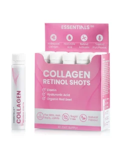 Essentials 100 - colagen retinol – colagen hidrolizat lichid + retinol 960 mcg + elastina 10 mg + vitaminele b3 si b9 + super blend antioxidant mix 10. 000 mcg din 10 verdeturi, fructe si legume – cutie cu 10 fiole