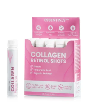 Essentials 100 - Colagen Retinol – Colagen Hidrolizat Lichid + Retinol 960 mcg + Elastina 10 mg + Vitaminele B3 si B9 + Super Blend Antioxidant Mix 10.000 mcg din 10 Verdeturi, Fructe si Legume – Cutie cu 10 Fiole