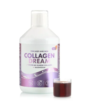 Collagen Dream – Colagen Marin Lichid Hidrolizat 10.000 mg + Magneziu 150 mg + Triptofan 500 mg + Herbal Blend Relax cu Valeriana + Lavanda + Hamei + Ashwagandha + Floarea Pasiunii pentru Relaxare, Somn Odihnitor si Frumusete – Sticla cu 500 ml