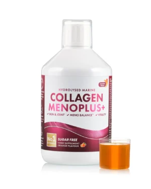 Colagen menoplus – colagen marin hidrolizat lichid cu 10. 000 mg + retinol 80 mcg + acid hialuronic 75 mg + elastina 25 mg + biotina 50 mcg + coenzima q10 5 mg + vitamina d3 15 mcg + magneziu 57 mg + calciu 120 mg + zinc + seleniu + vitamine pentru echilibru hormonal, frumusete si confort la femeile aflate la menopauza – sticla cu 500 ml