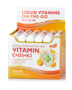 Vitamina c 500 mg + vitamina d3 + k2 + probiotice – 30 fiole – imunitate, energie si piele cu aspect sanatos – produs vegan cutie