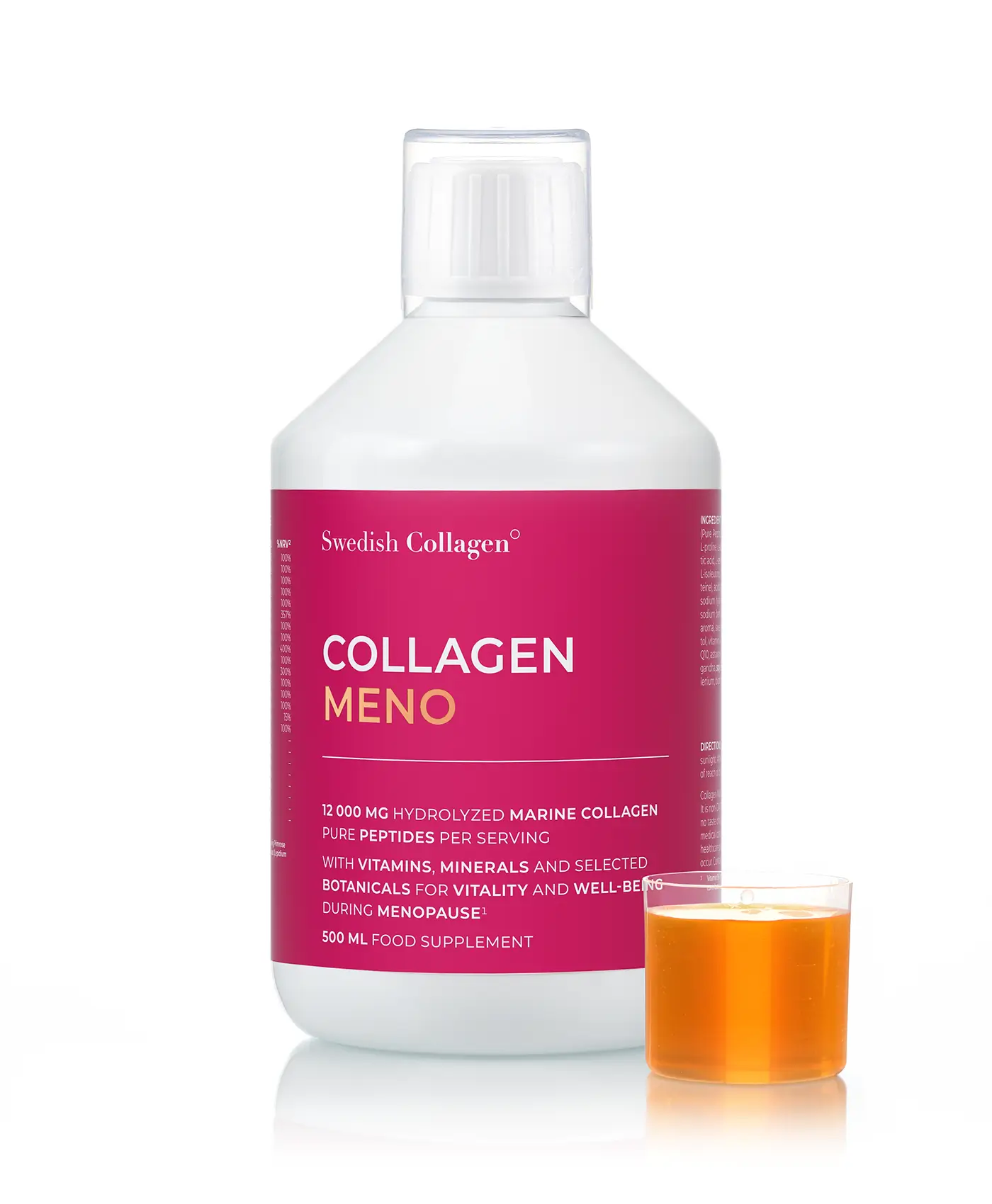 Colagen meno - colagen marin hidrolizat lichid tip 1 si 3 cu12. 000 mg + acid hialuronic + elastina + coenzima q10 + mix de plante pentru menopauza + vitamine si minerale - 500 ml