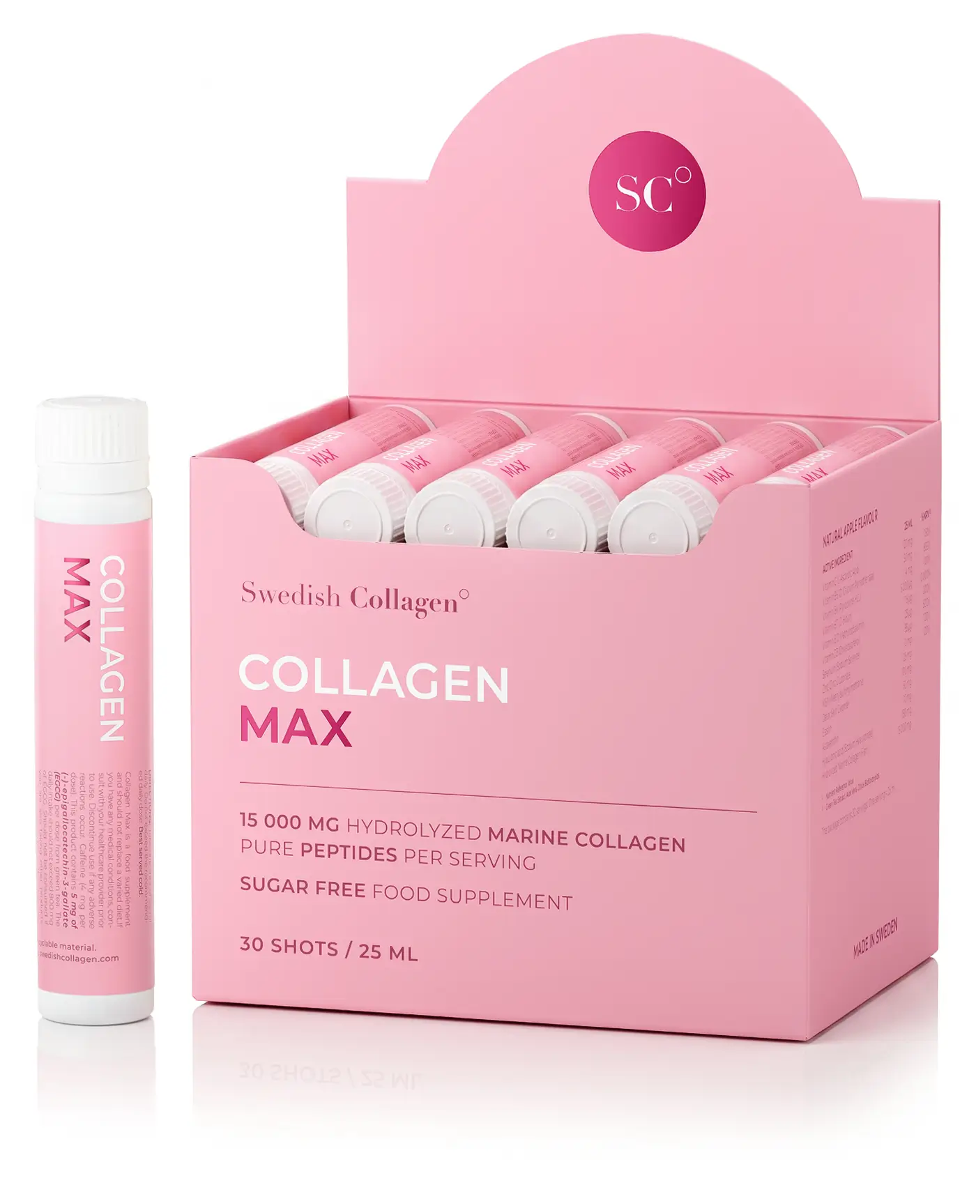 Colagen max - 30 fiole - colagen marin hidrolizat lichid 15. 000 mg tip 1 și 3 + acid hialuronic 150 mg + elastină 50 mg + msm 125 mg + biotină 5000 mcg + zinc + seleniu + vitamine