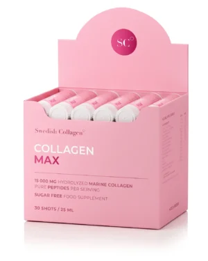 Collagen max - colagen marin hidrolizat lichid 15. 000 mg tip 1 și 3 + acid hialuronic 150 mg + elastină 50 mg + msm 125 mg + biotină 5000 mcg + zinc + seleniu + vitamine - cutie 30 fiole