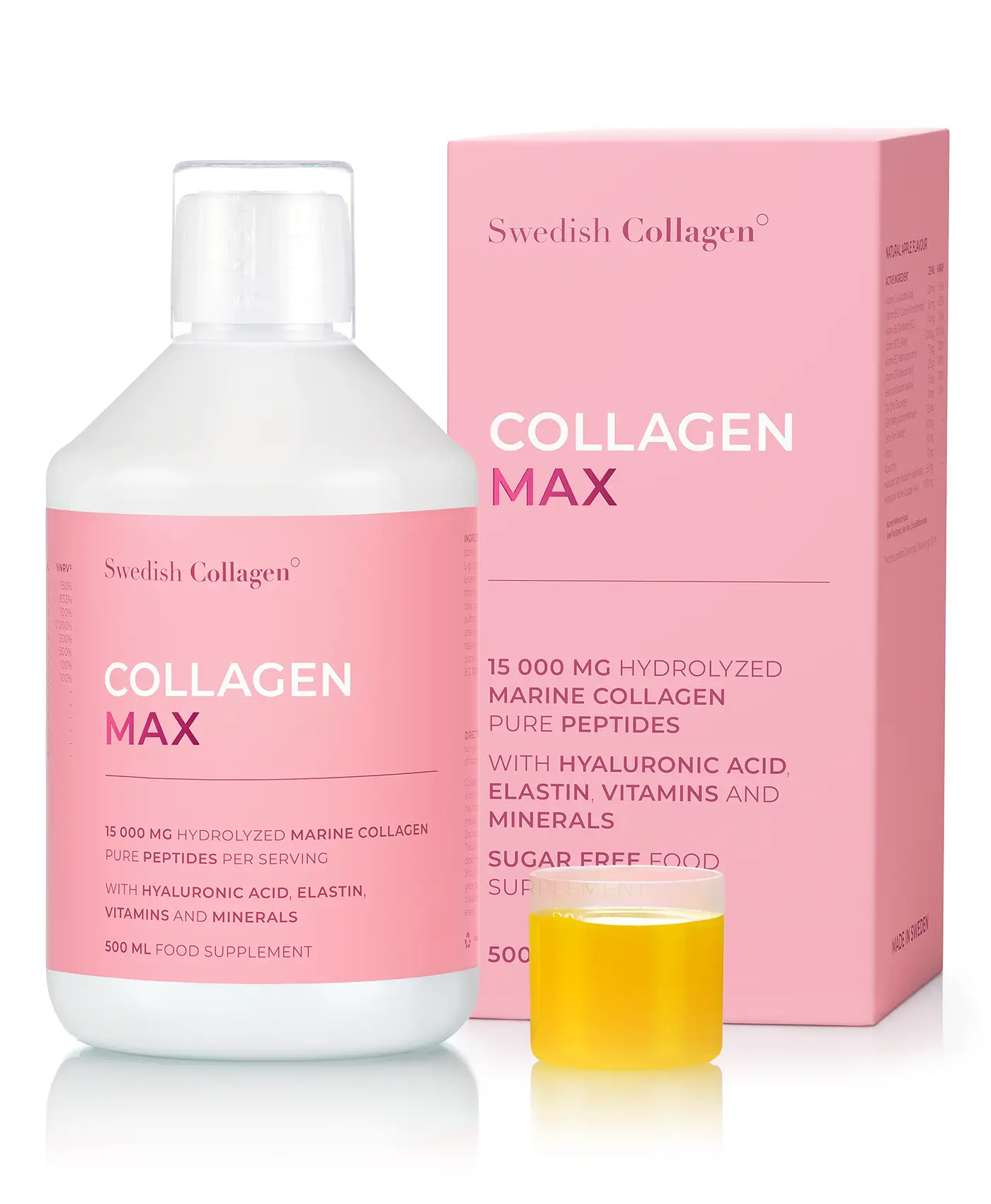 Collagen max - colagen marin hidrolizat lichid 15. 000 mg tip 1 și 3 + acid hialuronic 150 mg + elastină 50 mg + msm 125 mg + biotină 5000 mcg + zinc + seleniu + vitamine