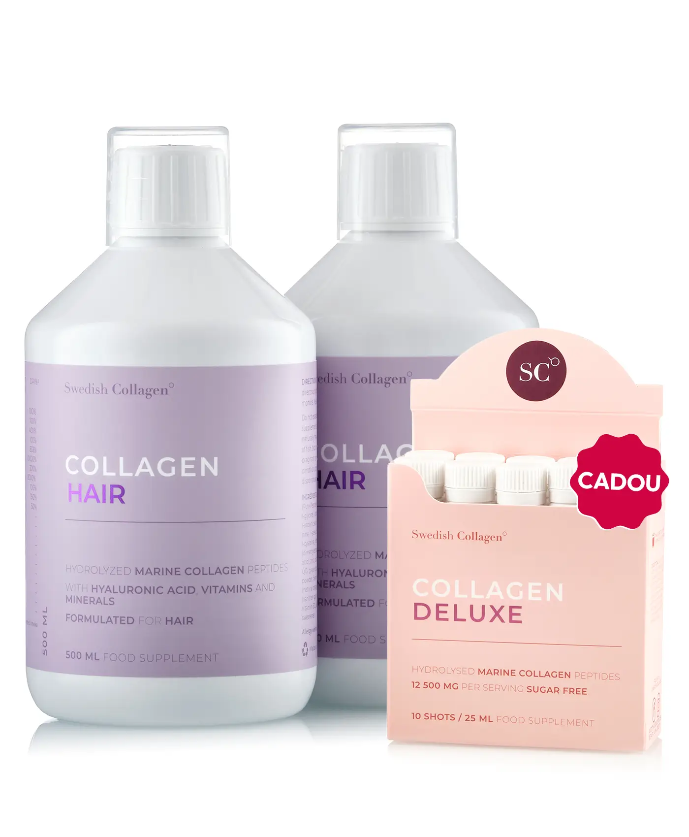 Flash hair - 2 sticle × collagen hair 500ml + cadou colagen deluxe travel pack 10 shots