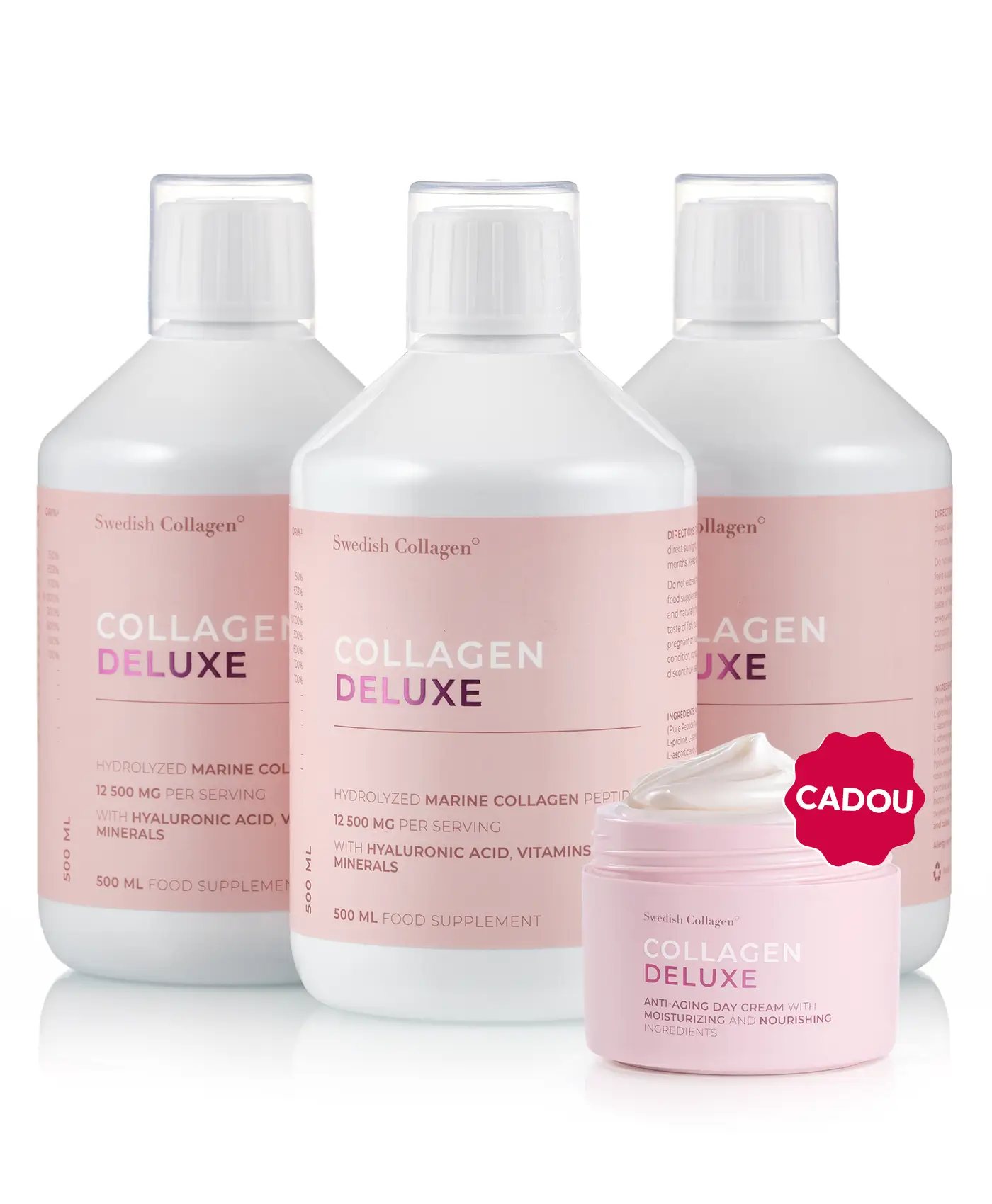 Pachet gama deluxe - 3 sticle × colagen deluxe + cadou crema de zi cu retinol deluxe