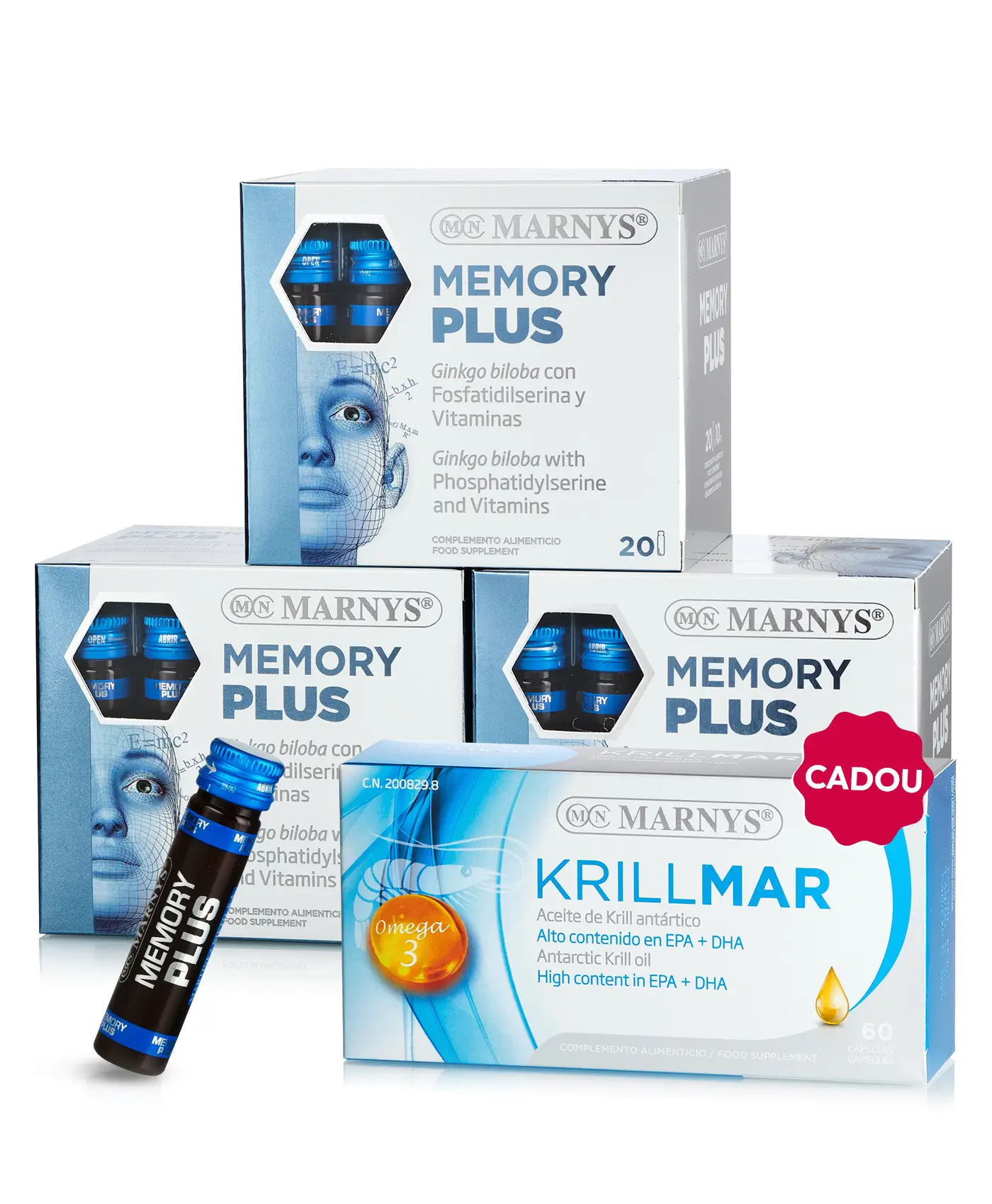 Pachet memorie & concentrare - 3 cutii × memory plus fiole (ginkgo + fosfatidilserină) + cadou krillmar omega 3